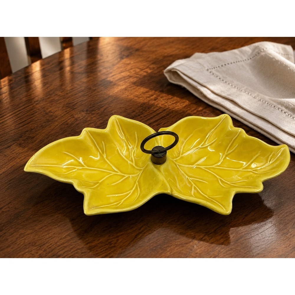 Vintage USA Pottery Yellow Leaf Serving Dish Divided Candy Nut Tray No. 8 MCM